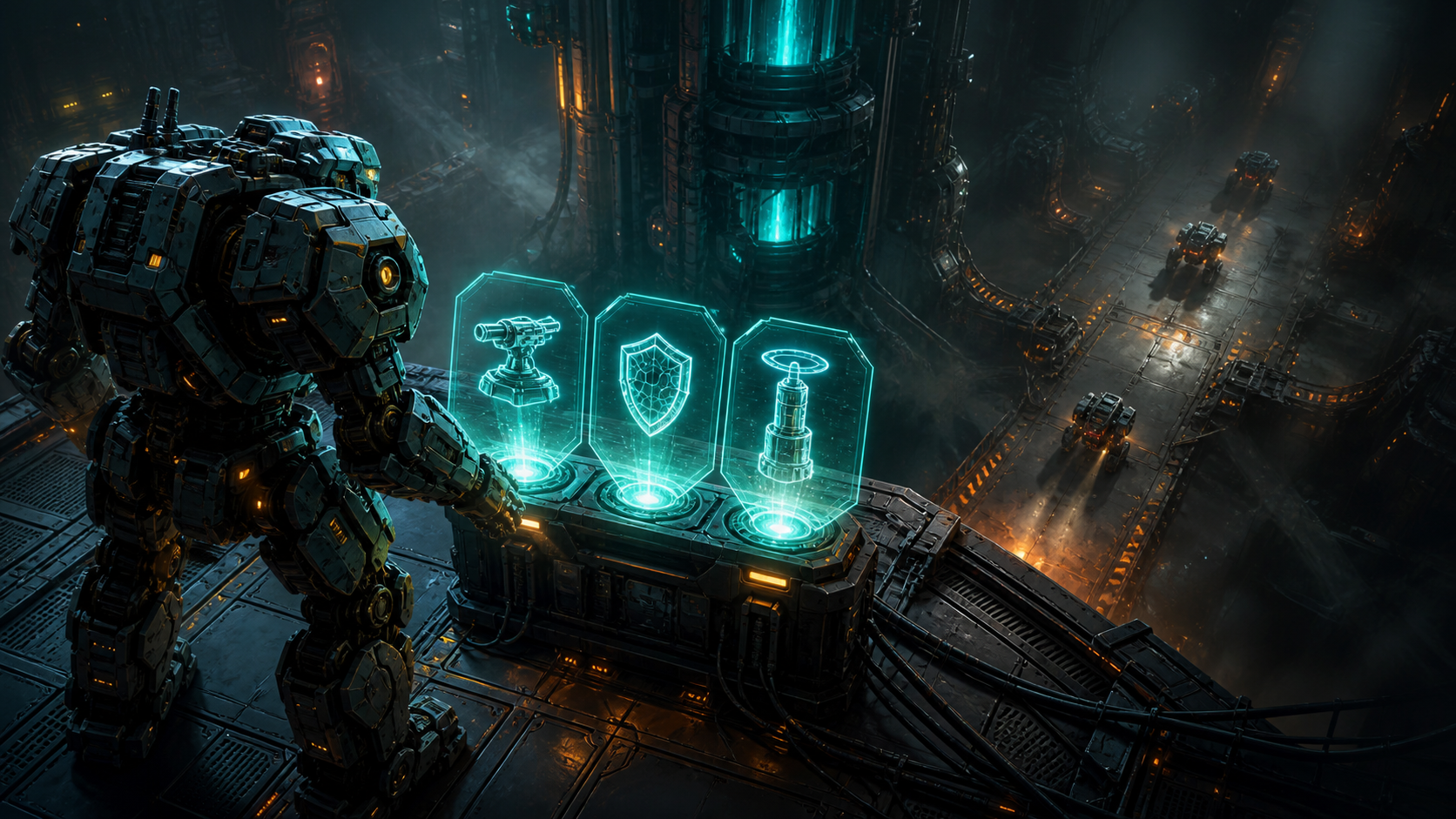 Original artwork of a mech choosing between a turret, reactor shield, and rescue beacon upgrade