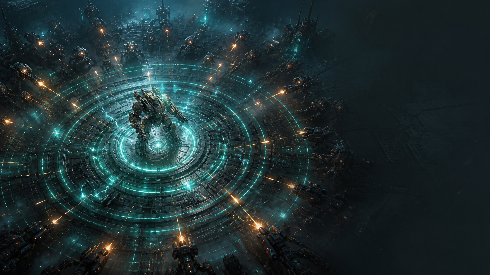 Original artwork of a mech standing inside a glowing reactor ring while machines close in