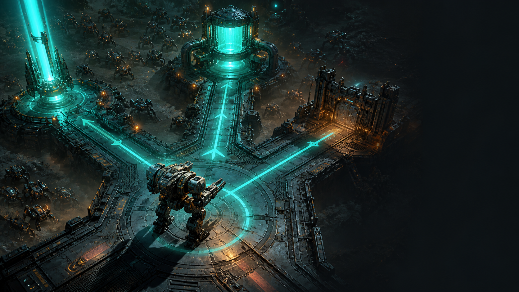 Original artwork of a mech at a branching alien arena crossroads