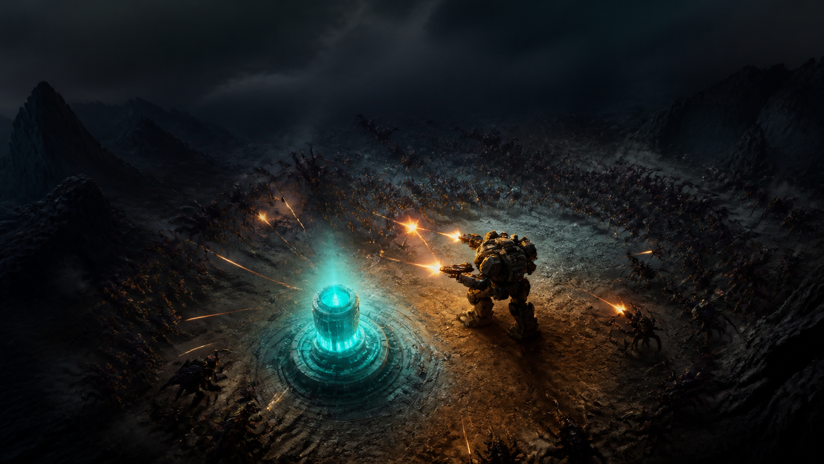 Original 3D illustration of a mech holding a reactor line against a huge alien swarm